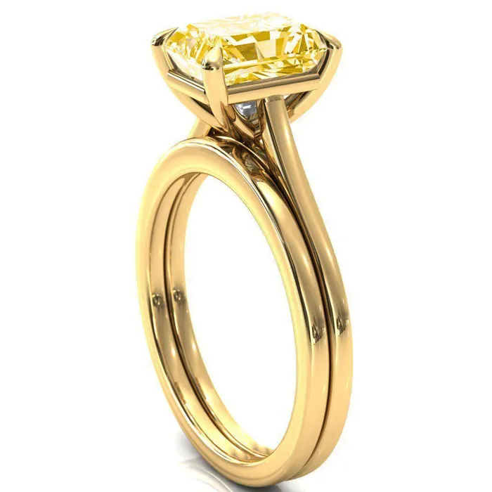 Rings Fire Brilliance Lizzy Radiant Canary Yellow 4 Claw Prong Cathedral Engagement Ring