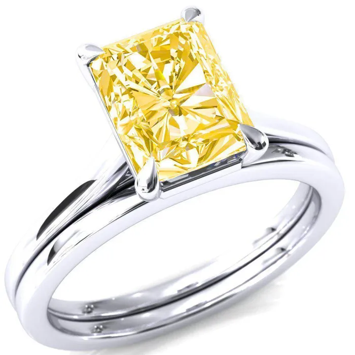 Rings Fire Brilliance Lizzy Radiant Canary Yellow 4 Claw Prong Cathedral Engagement Ring