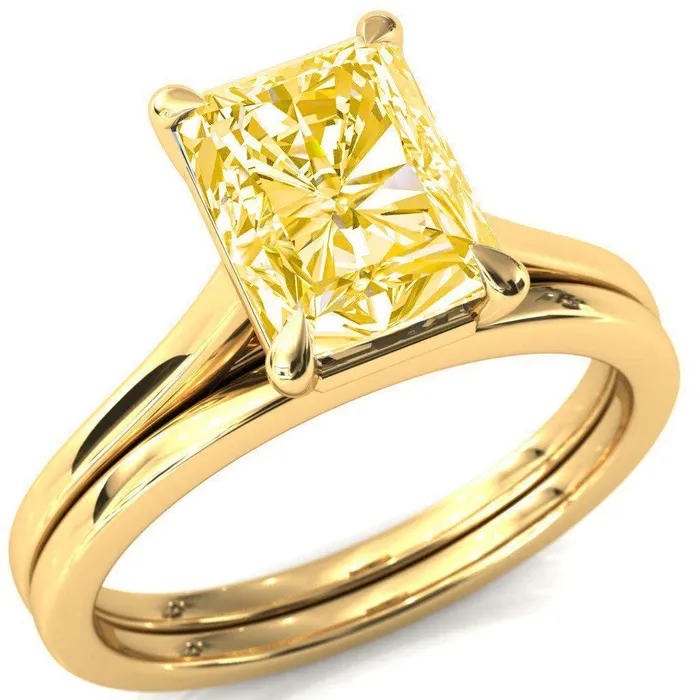 Rings Fire Brilliance Lizzy Radiant Canary Yellow 4 Claw Prong Cathedral Engagement Ring