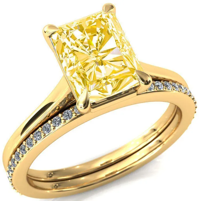 Rings Fire Brilliance Lizzy Radiant Canary Yellow 4 Claw Prong Cathedral Engagement Ring