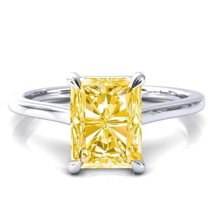 Rings Fire Brilliance Lizzy Radiant Canary Yellow 4 Claw Prong Cathedral Engagement Ring