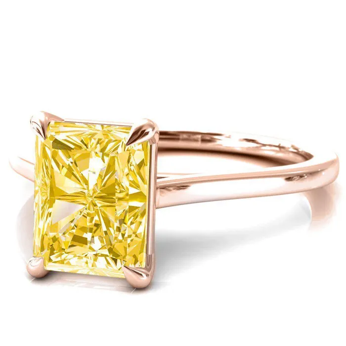 Rings Fire Brilliance Lizzy Radiant Canary Yellow 4 Claw Prong Cathedral Engagement Ring