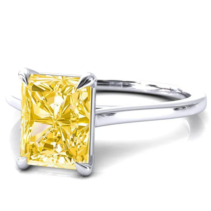 Rings Fire Brilliance Lizzy Radiant Canary Yellow 4 Claw Prong Cathedral Engagement Ring