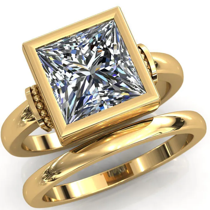 Rings Fire Brilliance Machina PrincessSquare Moissanite Full Bezel Comfort Band Engagement Ring