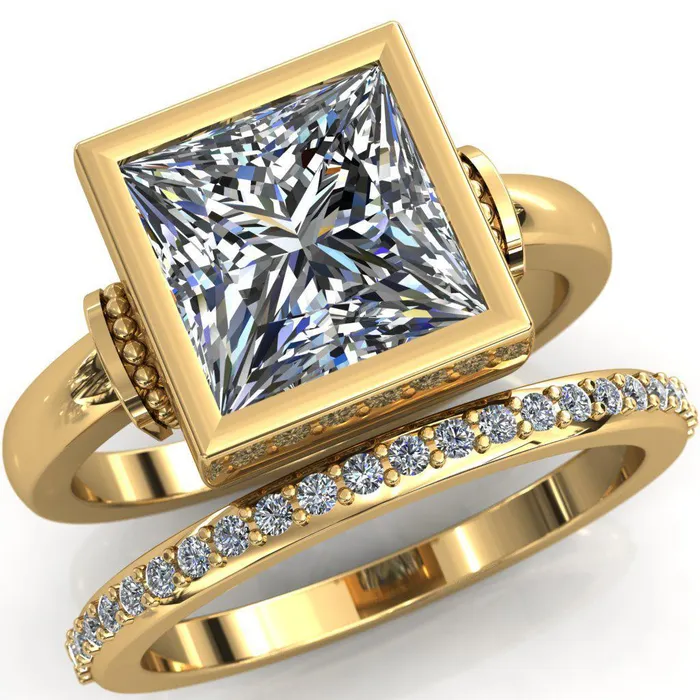 Rings Fire Brilliance Machina PrincessSquare Moissanite Full Bezel Comfort Band Engagement Ring