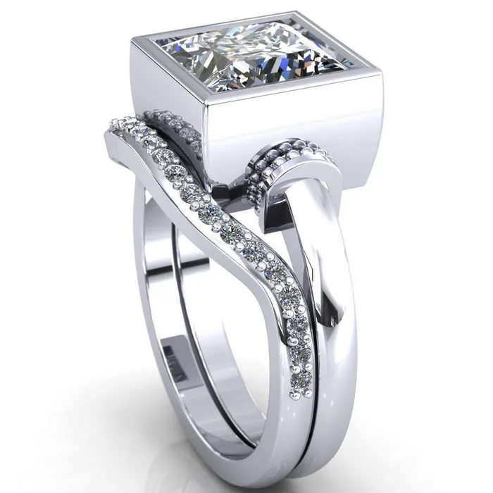 Rings Fire Brilliance Machina PrincessSquare Moissanite Full Bezel Comfort Band Engagement Ring