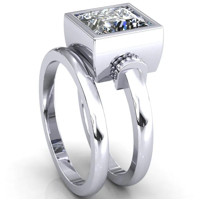 Rings Fire Brilliance Machina PrincessSquare Moissanite Full Bezel Comfort Band Engagement Ring