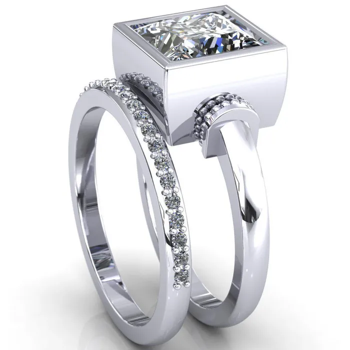 Rings Fire Brilliance Machina PrincessSquare Moissanite Full Bezel Comfort Band Engagement Ring