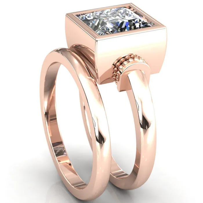 Rings Fire Brilliance Machina PrincessSquare Moissanite Full Bezel Comfort Band Engagement Ring