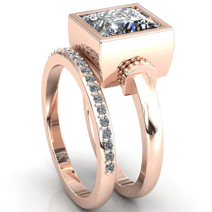 Rings Fire Brilliance Machina PrincessSquare Moissanite Full Bezel Comfort Band Engagement Ring