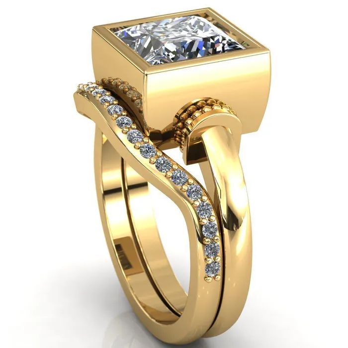 Rings Fire Brilliance Machina PrincessSquare Moissanite Full Bezel Comfort Band Engagement Ring