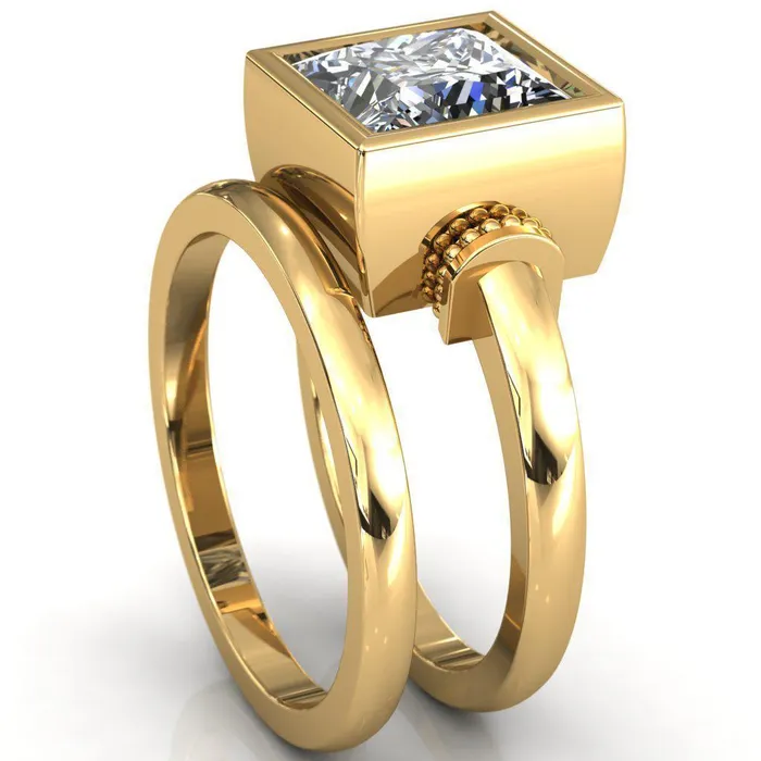 Rings Fire Brilliance Machina PrincessSquare Moissanite Full Bezel Comfort Band Engagement Ring