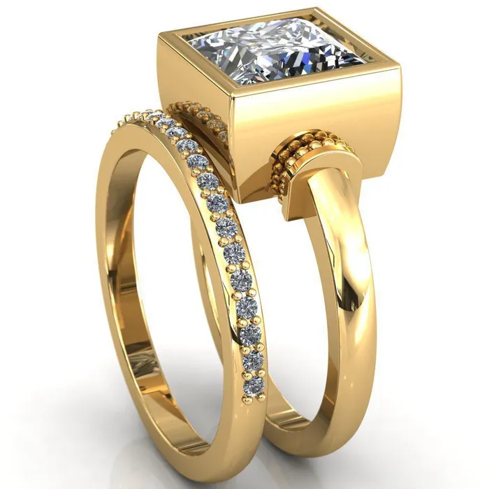 Rings Fire Brilliance Machina PrincessSquare Moissanite Full Bezel Comfort Band Engagement Ring