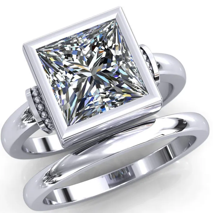 Rings Fire Brilliance Machina PrincessSquare Moissanite Full Bezel Comfort Band Engagement Ring