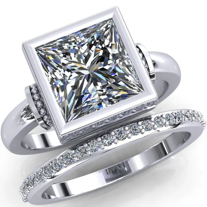 Rings Fire Brilliance Machina PrincessSquare Moissanite Full Bezel Comfort Band Engagement Ring