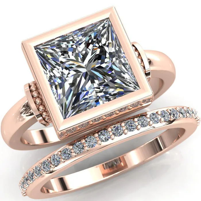 Rings Fire Brilliance Machina PrincessSquare Moissanite Full Bezel Comfort Band Engagement Ring