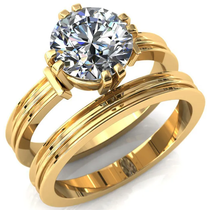Rings Fire Brilliance Matilda Round Center Stone Double Prong Triple Ridge Vintage Texture Band Ring