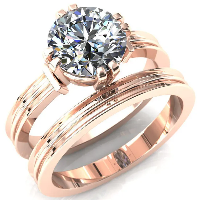Rings Fire Brilliance Matilda Round Center Stone Double Prong Triple Ridge Vintage Texture Band Ring