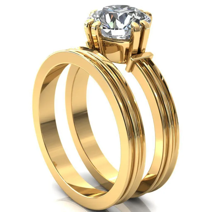 Rings Fire Brilliance Matilda Round Center Stone Double Prong Triple Ridge Vintage Texture Band Ring