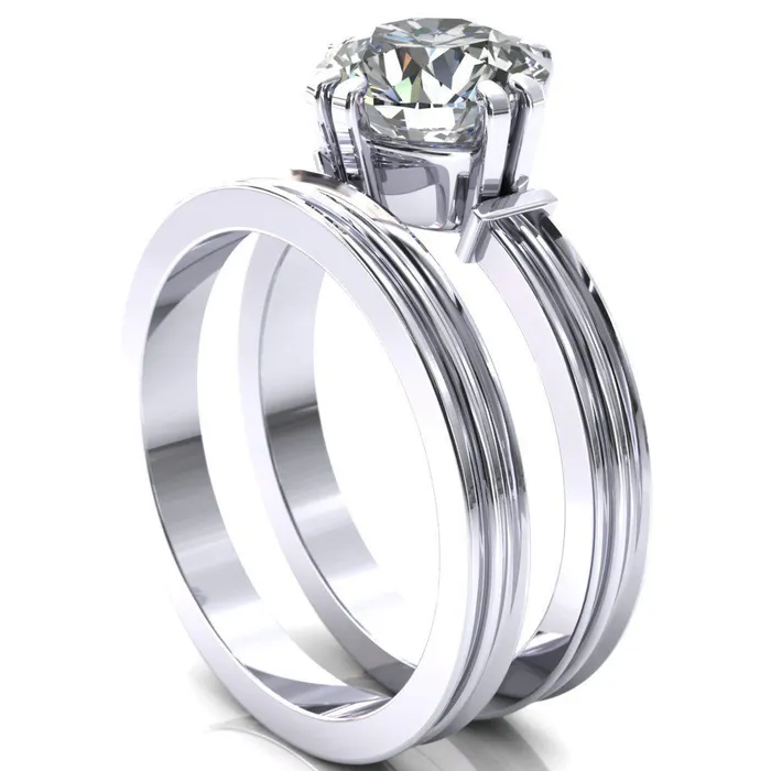 Rings Fire Brilliance Matilda Round Center Stone Double Prong Triple Ridge Vintage Texture Band Ring