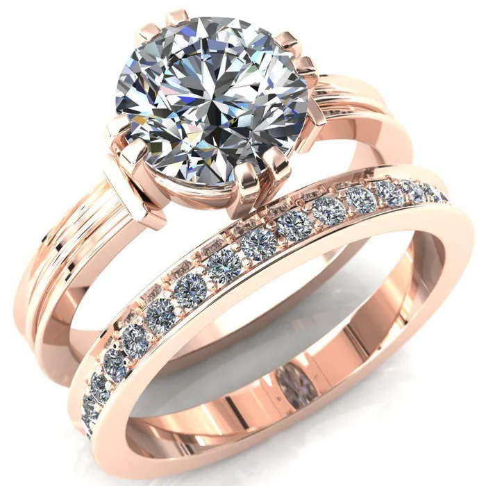 Rings Fire Brilliance Matilda Round Center Stone Double Prong Triple Ridge Vintage Texture Band Ring