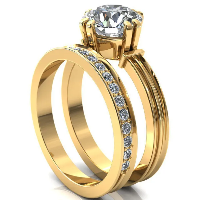 Rings Fire Brilliance Matilda Round Center Stone Double Prong Triple Ridge Vintage Texture Band Ring