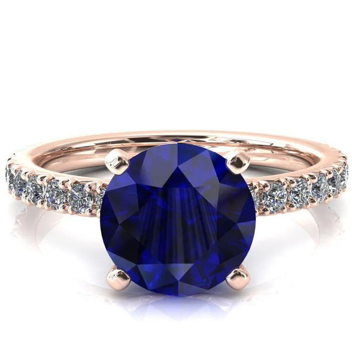 Rings Fire Brilliance Nefili Round Blue Sapphire 4 Prong 58 Eternity Diamond French Pave Engagement Ring
