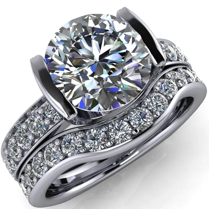 Rings Fire Brilliance Penelope Round Center Stone Half Bezel 6 Side Diamond Set Ring