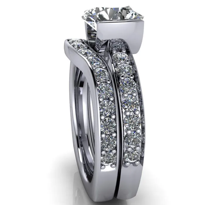 Rings Fire Brilliance Penelope Round Center Stone Half Bezel 6 Side Diamond Set Ring