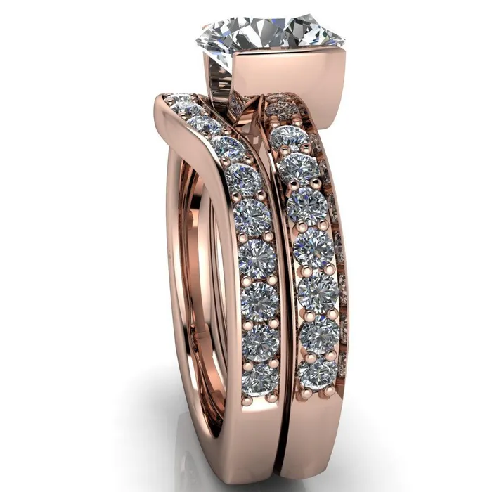 Rings Fire Brilliance Penelope Round Center Stone Half Bezel 6 Side Diamond Set Ring