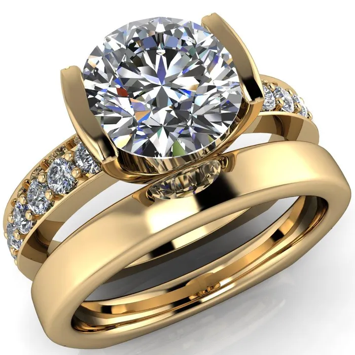 Rings Fire Brilliance Penelope Round Center Stone Half Bezel 6 Side Diamond Set Ring