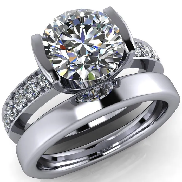 Rings Fire Brilliance Penelope Round Center Stone Half Bezel 6 Side Diamond Set Ring