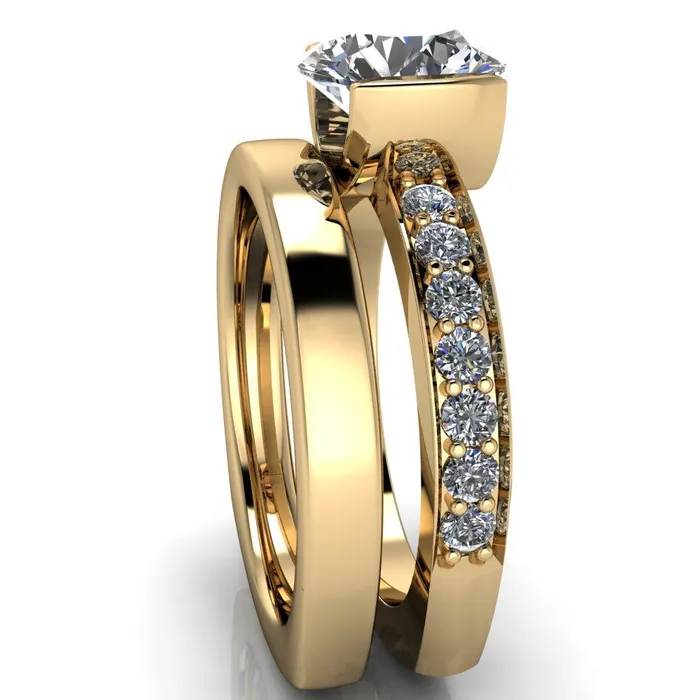 Rings Fire Brilliance Penelope Round Center Stone Half Bezel 6 Side Diamond Set Ring