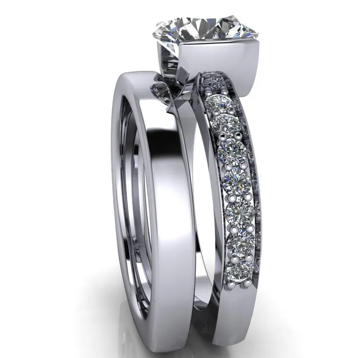 Rings Fire Brilliance Penelope Round Center Stone Half Bezel 6 Side Diamond Set Ring
