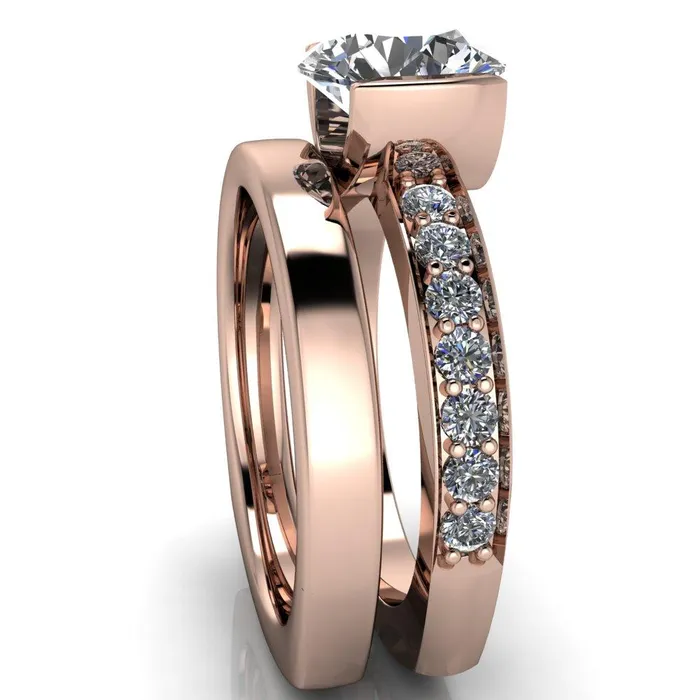 Rings Fire Brilliance Penelope Round Center Stone Half Bezel 6 Side Diamond Set Ring