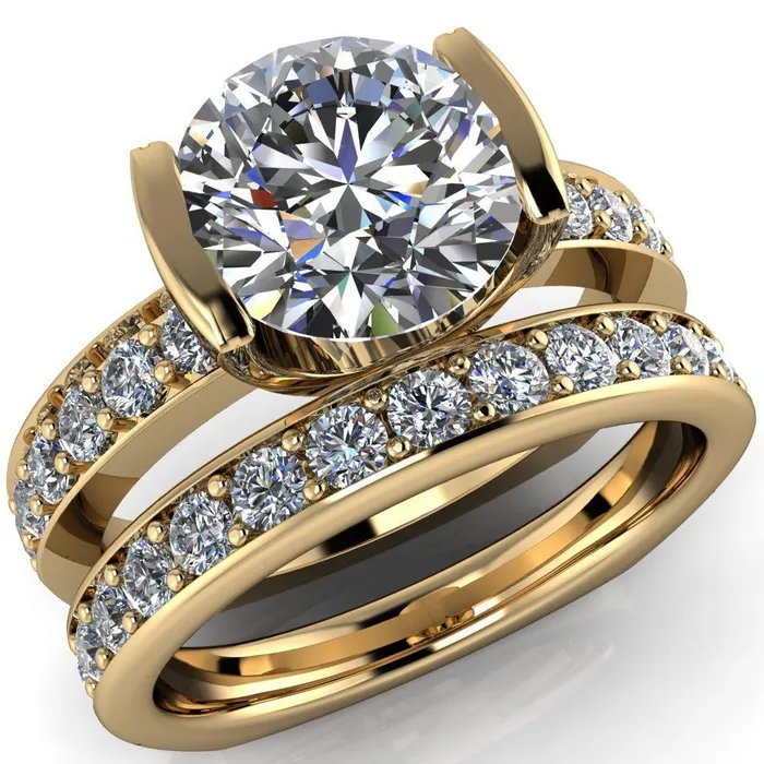 Rings Fire Brilliance Penelope Round Center Stone Half Bezel 6 Side Diamond Set Ring