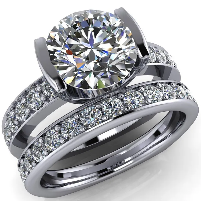 Rings Fire Brilliance Penelope Round Center Stone Half Bezel 6 Side Diamond Set Ring