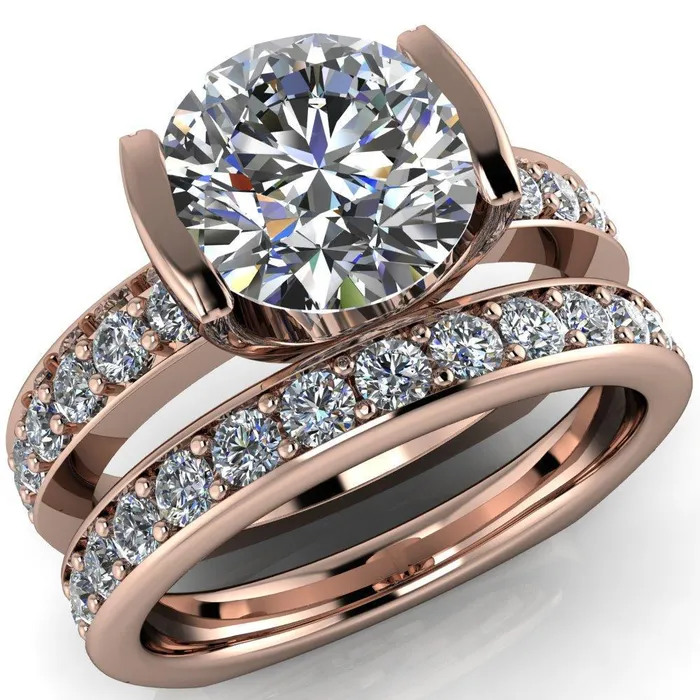 Rings Fire Brilliance Penelope Round Center Stone Half Bezel 6 Side Diamond Set Ring