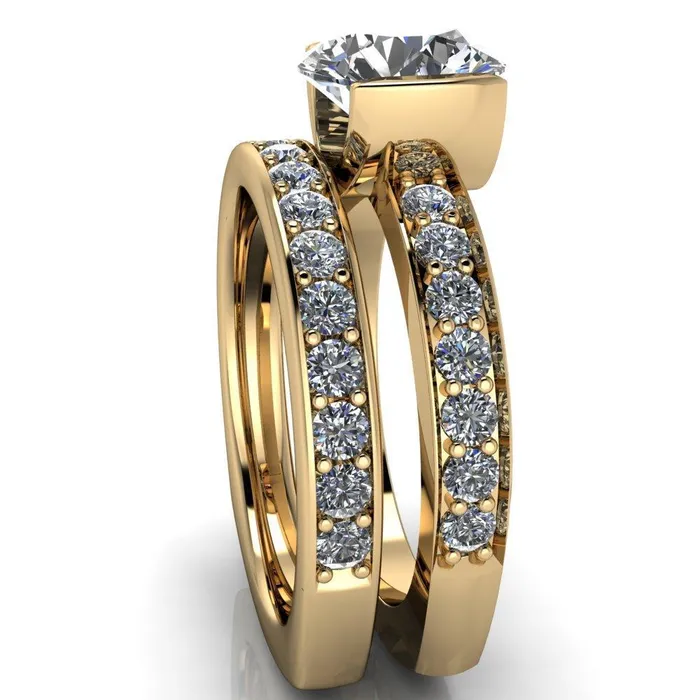 Rings Fire Brilliance Penelope Round Center Stone Half Bezel 6 Side Diamond Set Ring