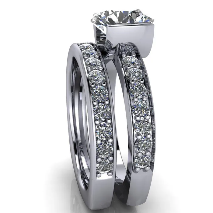 Rings Fire Brilliance Penelope Round Center Stone Half Bezel 6 Side Diamond Set Ring