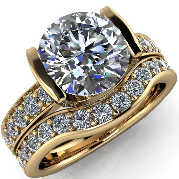 Rings Fire Brilliance Penelope Round Center Stone Half Bezel 6 Side Diamond Set Ring