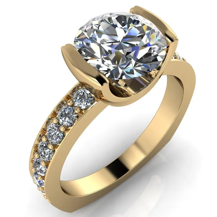 Rings Fire Brilliance Penelope Round Center Stone Half Bezel 6 Side Diamond Set Ring