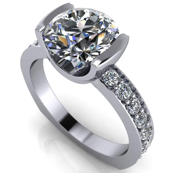 Rings Fire Brilliance Penelope Round Center Stone Half Bezel 6 Side Diamond Set Ring