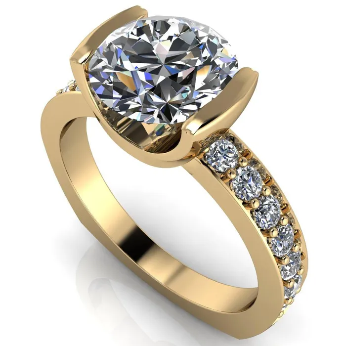 Rings Fire Brilliance Penelope Round Center Stone Half Bezel 6 Side Diamond Set Ring