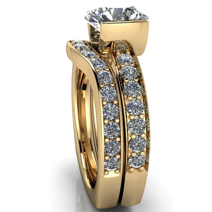 Rings Fire Brilliance Penelope Round Center Stone Half Bezel 6 Side Diamond Set Ring