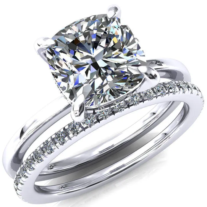 Rings Fire Brilliance Rosy Cushion Moissanite 4 Claw Prong Single Rail Micropave Engagement Ring