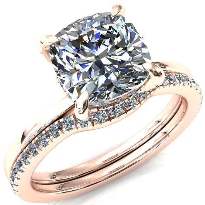 Rings Fire Brilliance Rosy Cushion Moissanite 4 Claw Prong Single Rail Micropave Engagement Ring