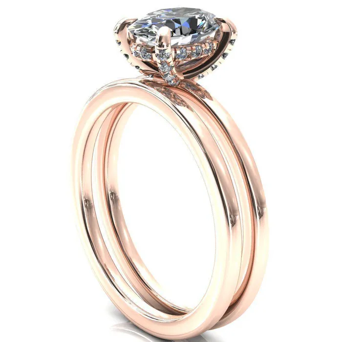 Rings Fire Brilliance Rosy Oval Center Stone 4 Claw Prong Single Rail Micropave Engagement Ring