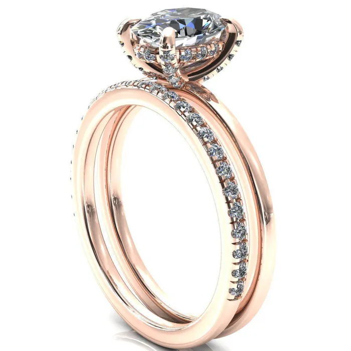 Rings Fire Brilliance Rosy Oval Center Stone 4 Claw Prong Single Rail Micropave Engagement Ring