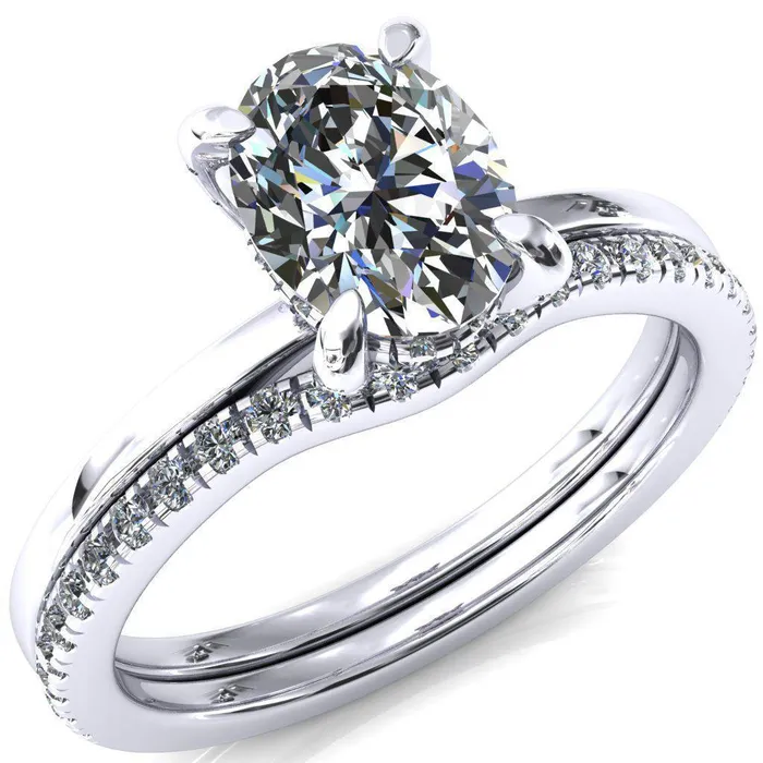 Rings Fire Brilliance Rosy Oval Center Stone 4 Claw Prong Single Rail Micropave Engagement Ring